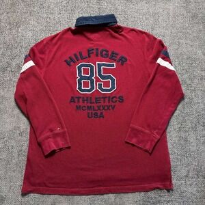 Tommy Hilfiger Polo Shirt Mens XXL Burgundy Long Sleeve Crest Custom Fit Striped